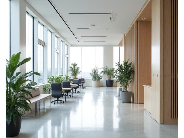 Sleek, modern office interior with large windows and minimalist furniture